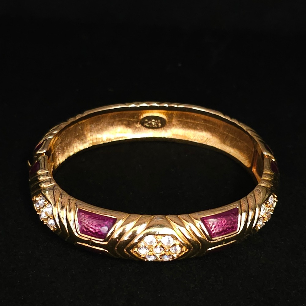 Joan Rivers Hinged Bangle Bracelet Gold Tone Red Cabochon Rhinestone Statement